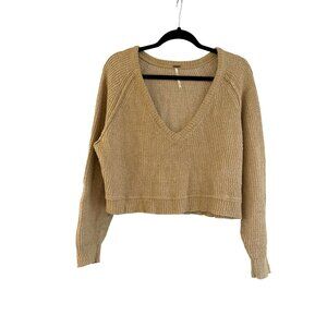 Free People Women's Cropped V-Neck Pullover Sweater Tan Gold Size Small Boho‎